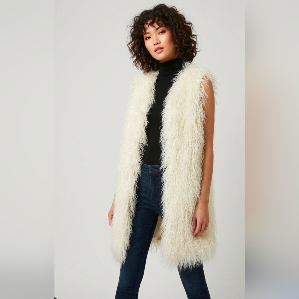 NWT French Connection Faux Sheepskin Long Vest Size 10 Ivory